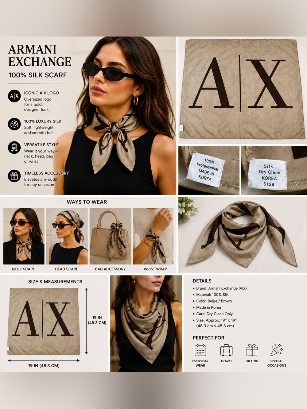 Armani Exchange A|X 100% Silk Logo Scarf Beige Brown Square Made in Korea 19”